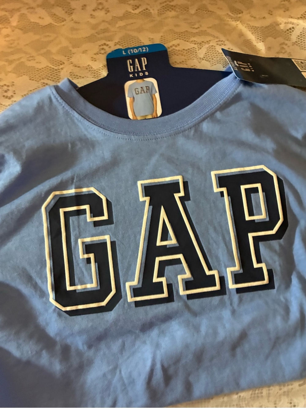 GAP Kids size Large Light Blue Tee with Navy Logo